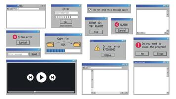 antiguo interfaz ventanas retro error mensaje, Internet navegador y archivo gerente clásico software diseño. vector antiguo sistema elementos