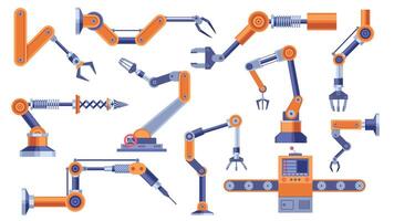 Industrial robot arm. Robotic electronic hand manipulator with machine parts, automation process car manufacturing concept. Vector flat set