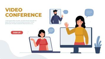 Video conference landing page. Different gadgets for online meetings. Woman and man waving from desktop computer vector