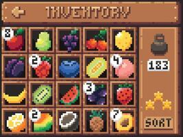 Pixel fruits inventory. Cartoon game interface screen with fruits and berries in cells and UI elements, 8-bit 2D game sprite asset. Vector character food collecti