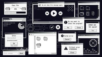 Retro futuristic system. Computer interface with web browser, file manager, pop-up error message. Vector old desktop PC interface elements