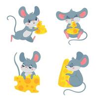 Cartoon mouse with cheese. Smiling characters holding food pieces. Playful animal running, eating snack vector