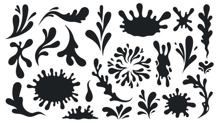 Black water splashes. Abstract wet splatter drops for tattoo design, river wave ripple stain splash simple marine environment doodle. Vector isolated set