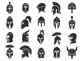 Ancient helmets. Medieval warrior knight helm armor, black silhouettes of gladiator viking crusader spartan headgear protection. Vector isolated set