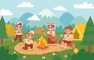 explorar niños por hoguera. dibujos animados Niños y muchachas en verano acampar con carpa, acción y aventuras en naturaleza. vector ilustración