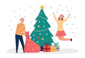 Christmas people celebrating christmas near decorated tree. Female and male characters jumping and opening gifts vector
