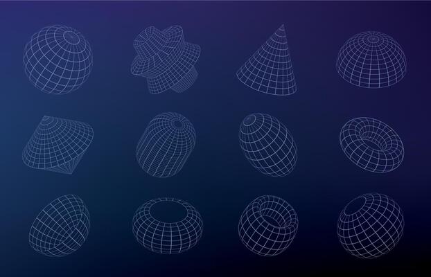 Grid geometric figures. Wirefram shapes indifferent sizes and styles, lowpoly solid unique polygonal figures. Vector set