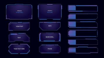 Game panel. Streaming overlay interface elements, futuristic monitor tabs and frames, live stream pop up window and tech message. Vector streamers soft layout set