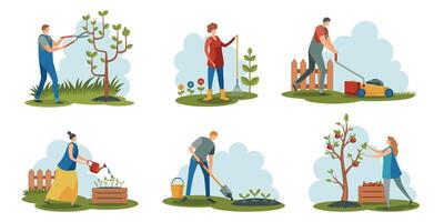 People gardening. Cartoon characters working with farmer tools cultivating plants, agriculture workers landscaping garden flat style. Vector colorful set