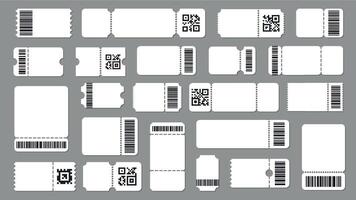 Ticket template with code. Barcode label with text, stub ticket with QR code and barcode. Mockup for event ticket vector