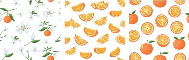 Orange pattern. Seamless print with cartoon tropical sweet tangerine fruits, cartoon background with nature organic citrus. Vector texture