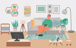 Man playing video game. Boy sitting on sofa with cat playing console at home. Male character holding joystick vector