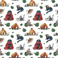 Monkey pattern. Seamless tropical print with funny jungle primate characters, endless backdrop with different species of apes. Vector cartoon texture