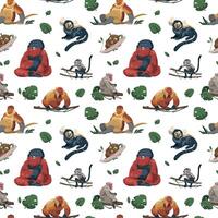 Monkey pattern. Seamless tropical print with funny jungle primate characters, endless backdrop with different species of apes. Vector cartoon texture