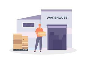 Global logistic chain. Male character carrying parcels to warehouse. Cartoon worker in uniform unloading boxes vector