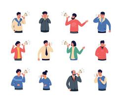 People screaming. Cartoon characters shouting holding loudspeaker, person attracting attention announce information talking loud. Vector isolated set