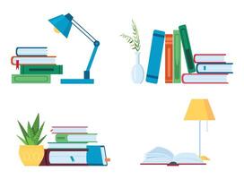 Reading literature, flat book stacks and piles for study vector