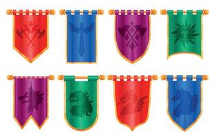 Medieval royal banner. Classical victorian flags with ancient knight pennant heraldic emblem, cartoon regal flagstaff for UI game app design. Vector set