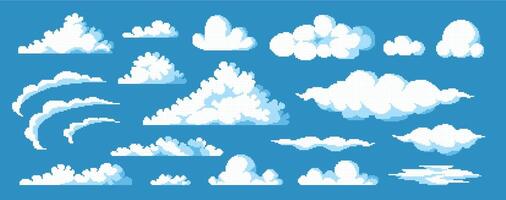 Game clouds asset. Retro 8 bit video game background with cartoon clouds, heaven blue sky game art. Vector UI elements collection