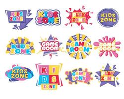 Play room kid logo. Cartoon colorful background with childish playroom, children playground and activity elements. Vector isolated set