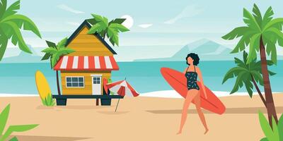 Summer sea activity, girl with surfboard on beach vector