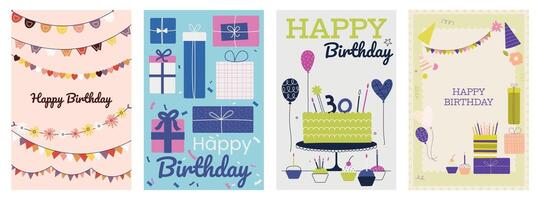 cumpleaños postales contento celebracion tarjetas con gracioso texto y linda animales, gracioso saludo tarjeta con texto y dibujos animados iconos vector colección