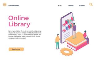 Web library online education landing pages. Man choosing book in tablet. Shelves full of textbooks, man character vector