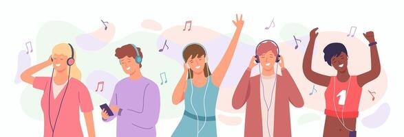 People enjoy music. Man and woman in headphones dancing. Happy teenagers listen songs on mobile. Radio music podcast cartoon vector concept