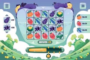 Match 3 game screen. Gameplay UI of cartoon fantasy fruits puzzle game, 2D interface layout mockup with colorful icons. Vector farmer mobile GUI