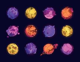 Cartoon fantasy planets. Colorful alien round space objects with different texture atmosphere and color, covered with rocks, acid, water. Vector game asset