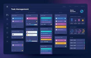 Planner app UI. Task manager and project organizer with dashboard and infographic elements. Vector dark web application interface design