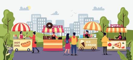 Street market. People buying food at outside vendors. Kiosks selling pizza, hot dogs, ice cream and donuts vector