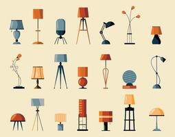 Floor and table lamps. Desk and loft electric light with bulb, room illumination equipment cartoon flat style. Vector isolated set