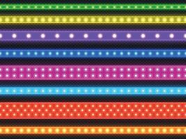 LED light tape. Seamless realistic colorful LED decorative strip of different size and types, glowing decorative light effect. Vector illuminated line set