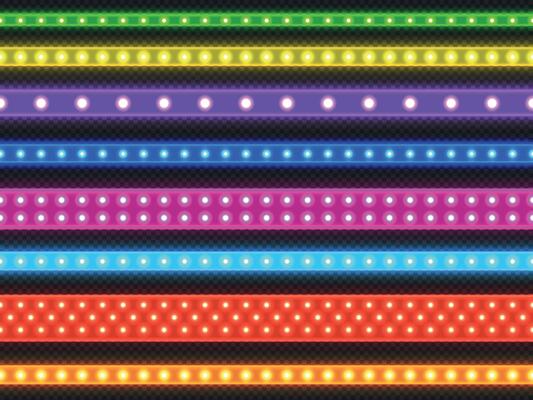 LED light tape. Seamless realistic colorful LED decorative strip of different size and types, glowing decorative light effect. Vector illuminated line set