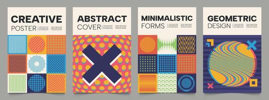 Posters with square shapes figures. Minimal geometric shapes for flyer design, modern minimalist elements for flyer and cover. Vector isolated set