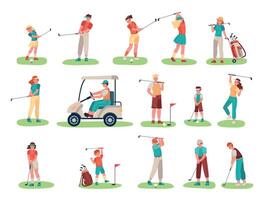 Golf players characters. Children and teenage sportsmen with equipment playing golf on lawn. Male character riding cart vector