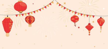 Sky lantern festival. Traditional asian paper lamps and fireworks for Chinese New year celebration, oriental design for posters, greeting cards. Vector banner