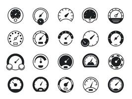 Speedometer black icons. Speed dashboard gauge symbol, flat device upload and download indicator. Vector set