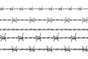 Realistic metal barbed wire, seamless borders with spikes. Jail or army fence protection with barbs. Boundary defense barbwire vector set