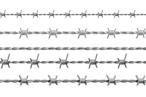 Realistic metal barbed wire, seamless borders with spikes. Jail or army fence protection with barbs. Boundary defense barbwire vector set