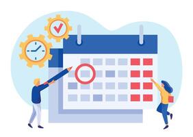 Work time management. Tiny people looking at calendar, checking important date. Man circling event or appointment vector