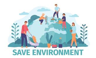 Flat people gardening and save environment ecology on earth globe. Volunteers community protect world nature, planting trees vector concept