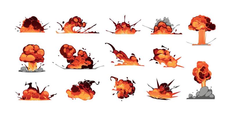 Comic explosion effect. Cartoon bomb blast and dynamite bang graphic with fire and smoke, game energy burst animation asset. Vector isolated set