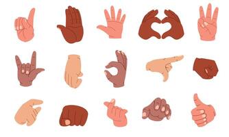 Cartoon human hands. Gestures with pointing fingers clenched fists okay sign handshake forefinger touch, body language expression. Vector flat set