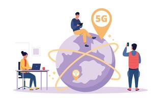 Concept high speed internet 5G. Smartphone wireless technology, wifi connection. Cartoon tiny people workers vector