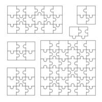 Puzzle shapes. Blank jigsaw pieces match together and separated for game design, group of tile elements teamwork problem solution process. Vector set