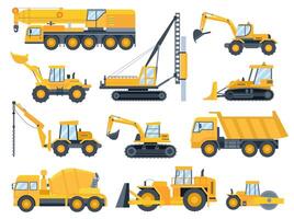 Construction machines. Heavy machinery for build, excavator, bulldozer, truck, tractor and crane vehicle. Building equipment flat vector set