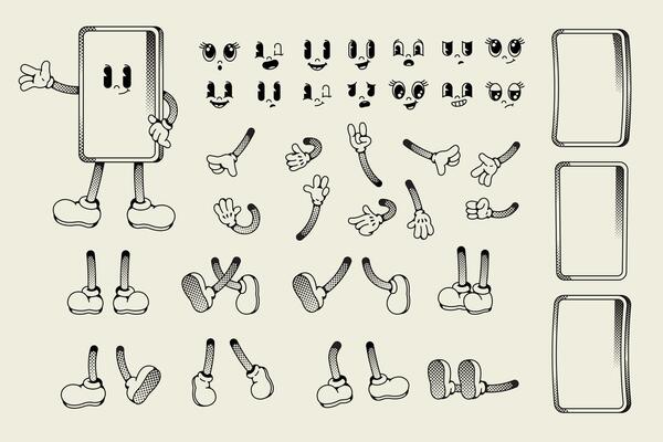 Smartphone character animation kit. Cartoon mobile device face and body parts for various poses, funny mascot gestures and expressions. Vector phone person isolated set