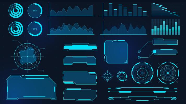Cyberpunk graphs. Futuristic digital charts, bars, diagrams and frames for UI, HUD and GUI. Techno audio wave, border and button vector set